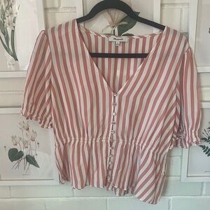Madewell Coral and White Striped V-Neck Blouse
